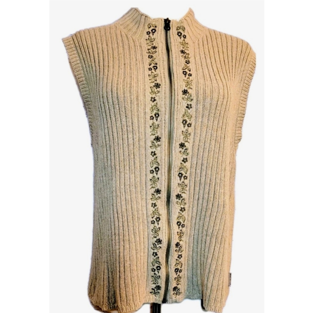 Woolrich Women's KHAKI Tan Sweater Vest Full Zip Floral Trim Size L Cable Knit